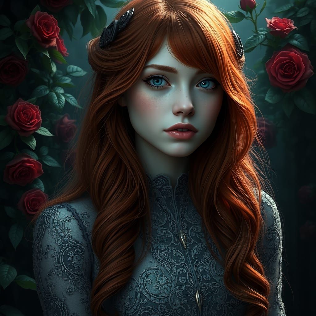Ethereal Red-Haired Woman in Dark Mystical Landscape
