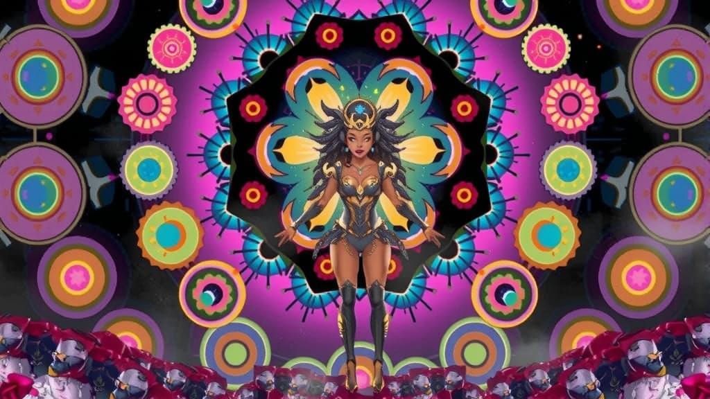 Regal Afrofuturist Superhero in Golden Bee-Inspired Exosuit