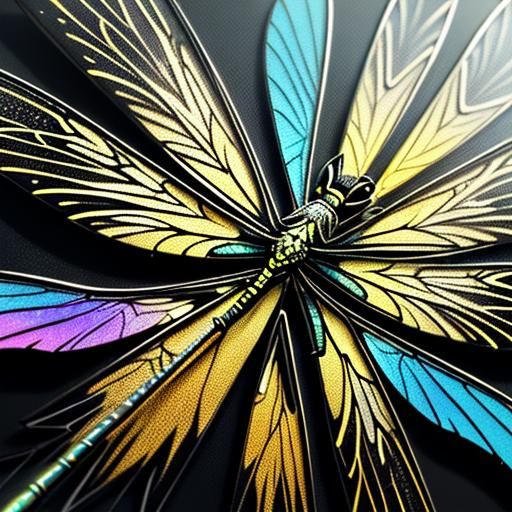 Photo realistic gargantuan dragonfly hyper-luminescent iride...