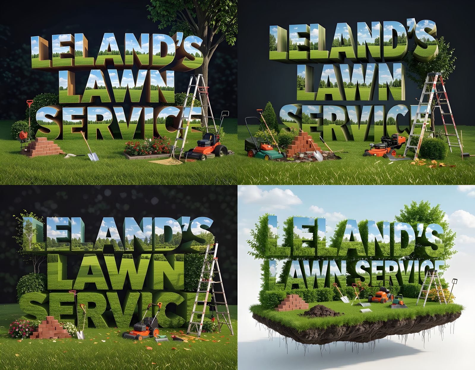 Floating Double Exposure Text: "Leland's Lawn Service" in 4K
