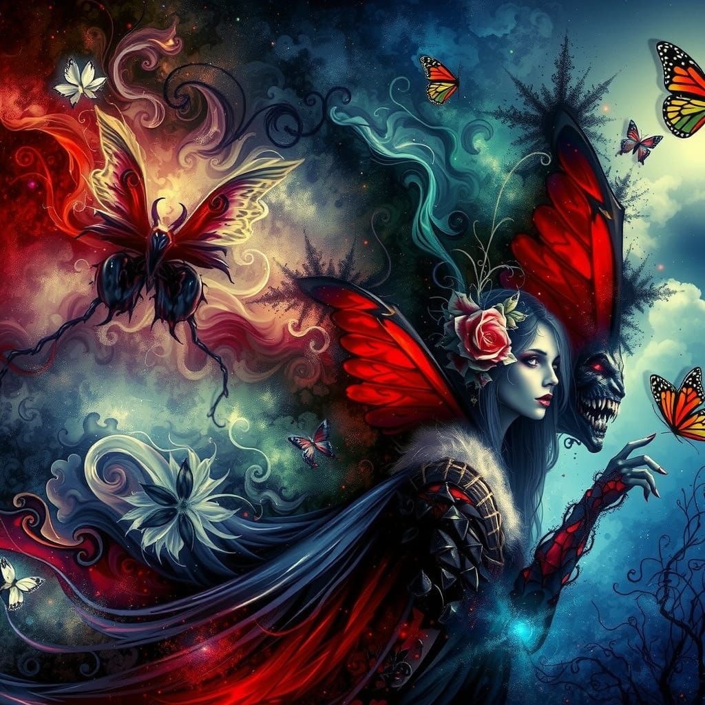 Surreal Vampire Goddess with Wings in Dark Romantic Style