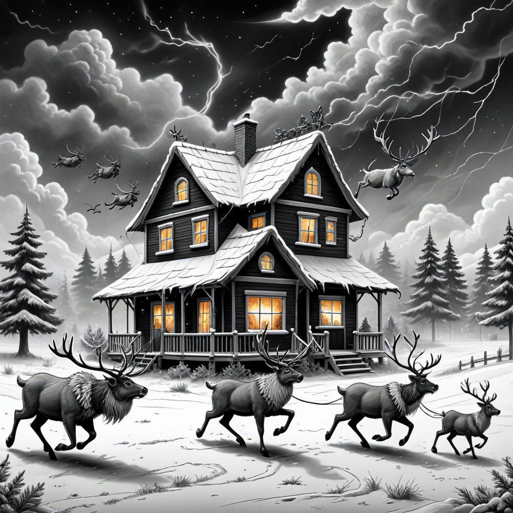 Santa Claus and his reindeer flying to a house where there i...