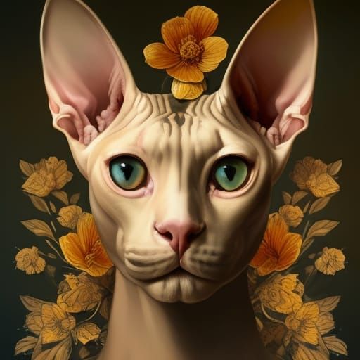Golden Sphynx Cat Portrait in Art Nouveau Style