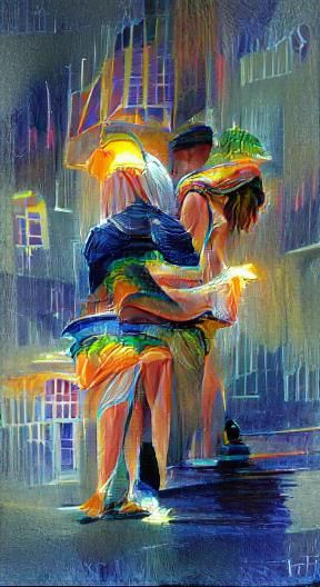 Couple Dancing in Neon Rain, Watercolor Style