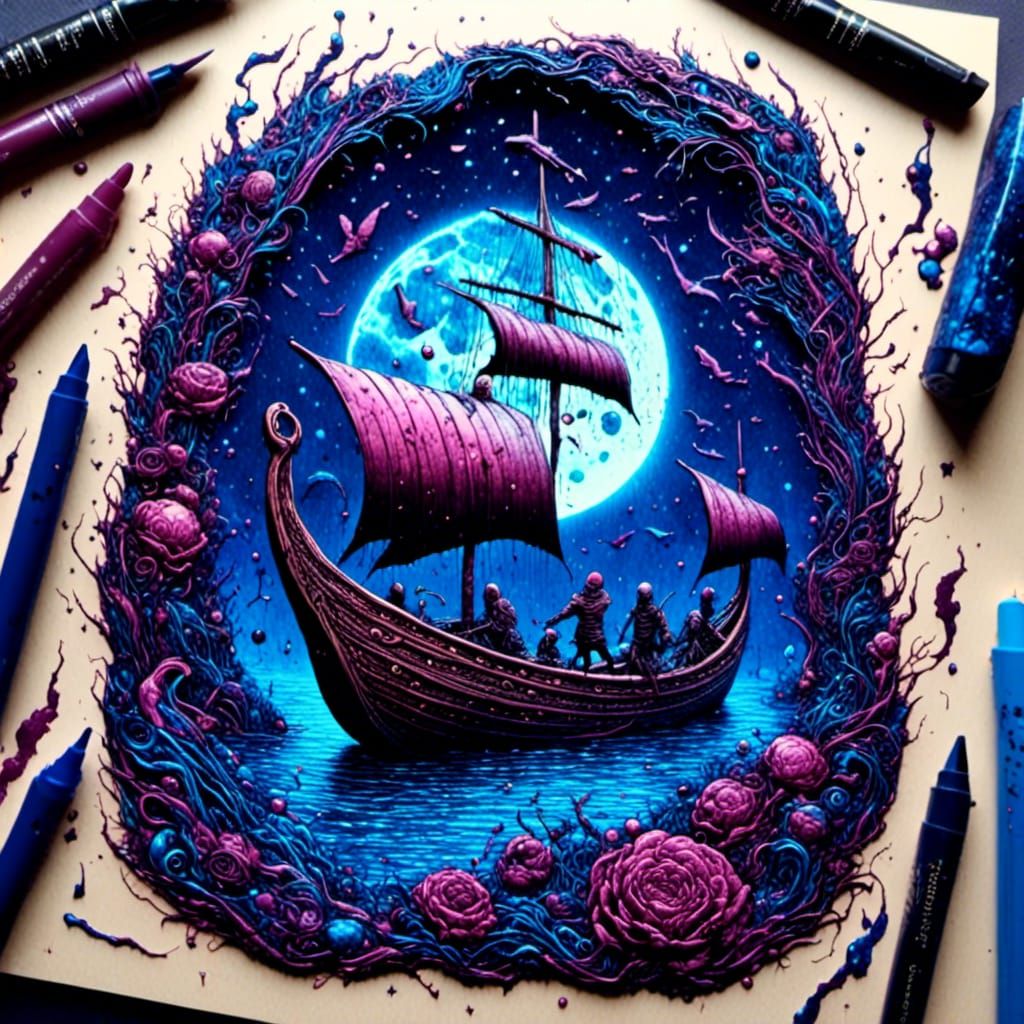 Underwater Viking Longboat in Liquid Ink Watercolor