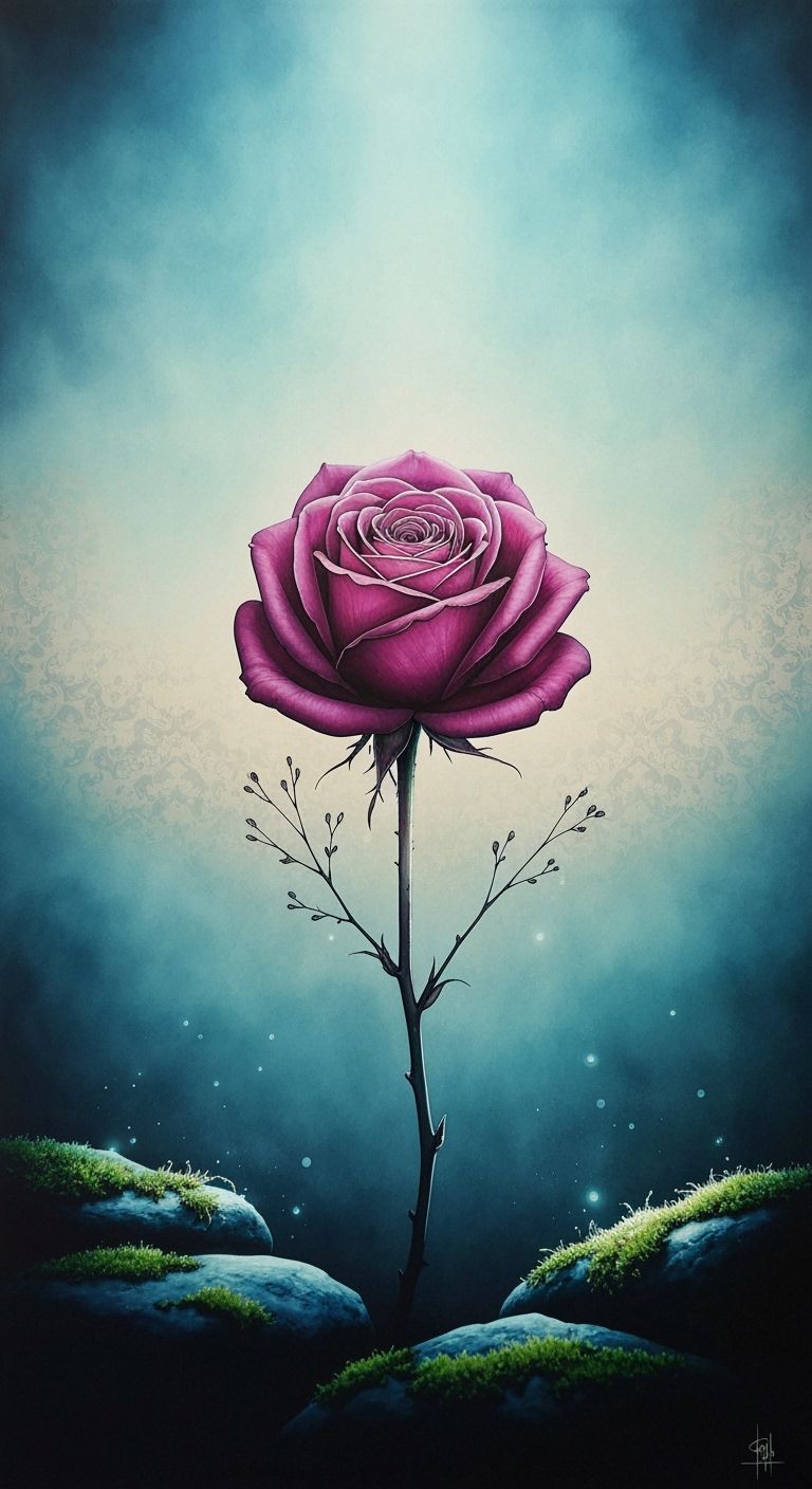 A digital print of a glossy, deep pink rose against a patterned beige background. The rose is centered in the frame. The...