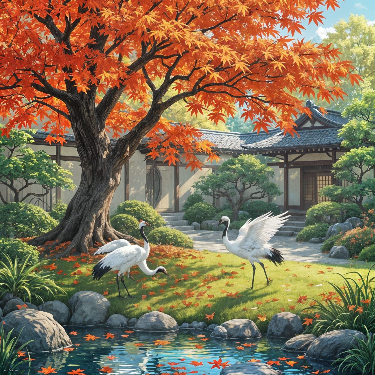 A towering Japanese maple, its leaves ablaze with the colors...