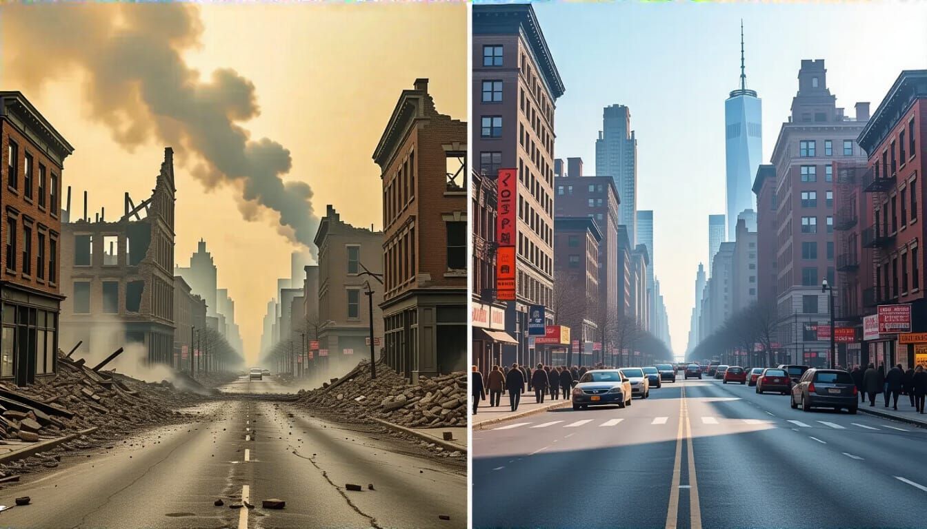WWII Devastation vs. Rebuilt City Life