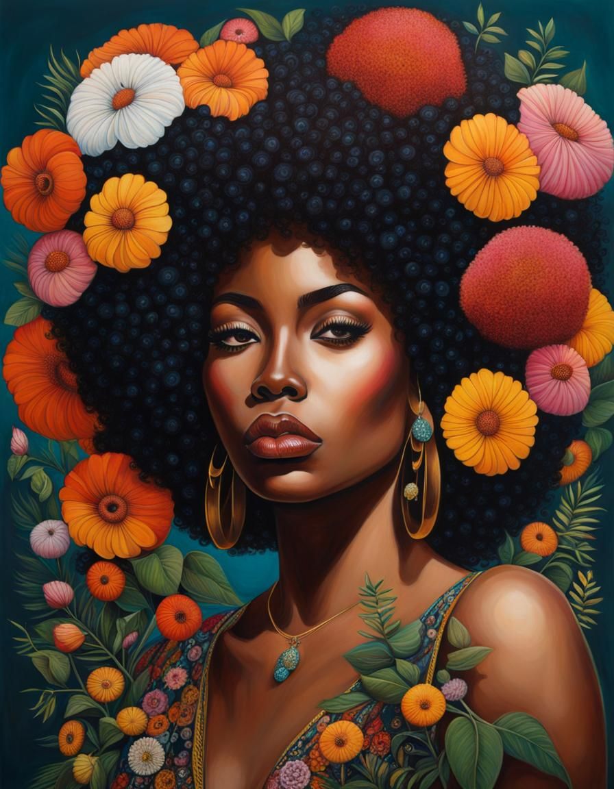 Detailed Portrait of a Woman with Afro and Flowers