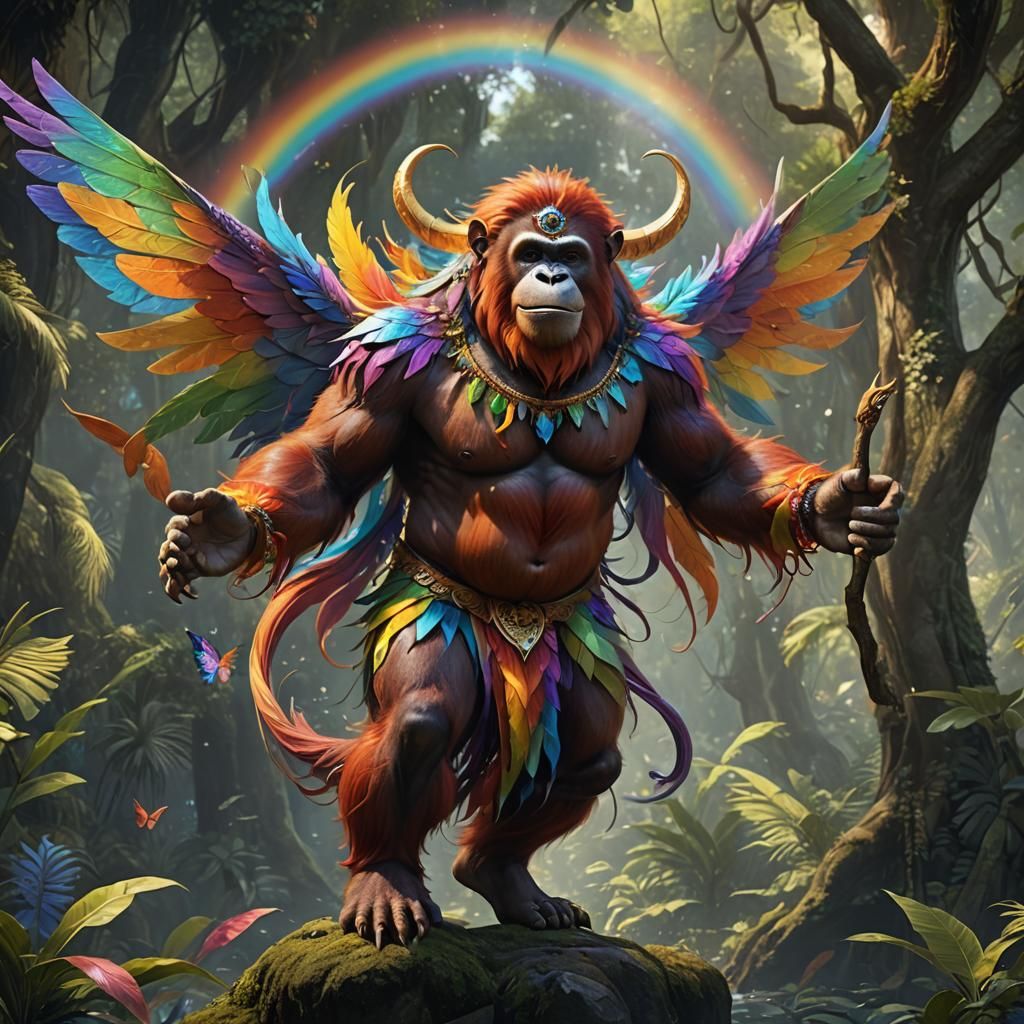 desirable curvaceous anthropomorphic rainbow male fairy orangutan with rainbow fairy wings and wearing a loin-cloth