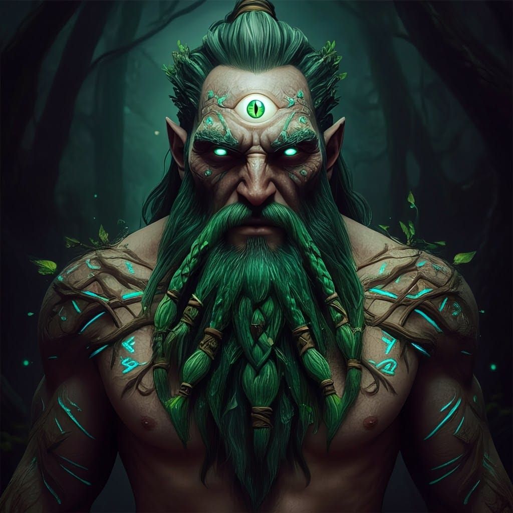 Cyclops with Bioluminescent Beard in Fantasy Forest
