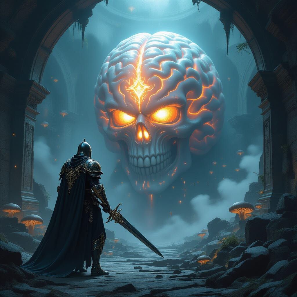 Dark Fantasy Knight Guards Pulsating Brain in Ancient Chambe...