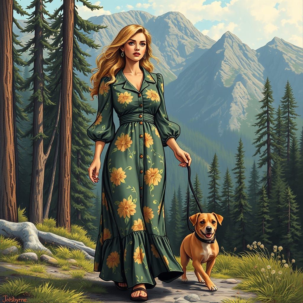 Comic Book Beauty Walks with Faithful Companion in the Mount...