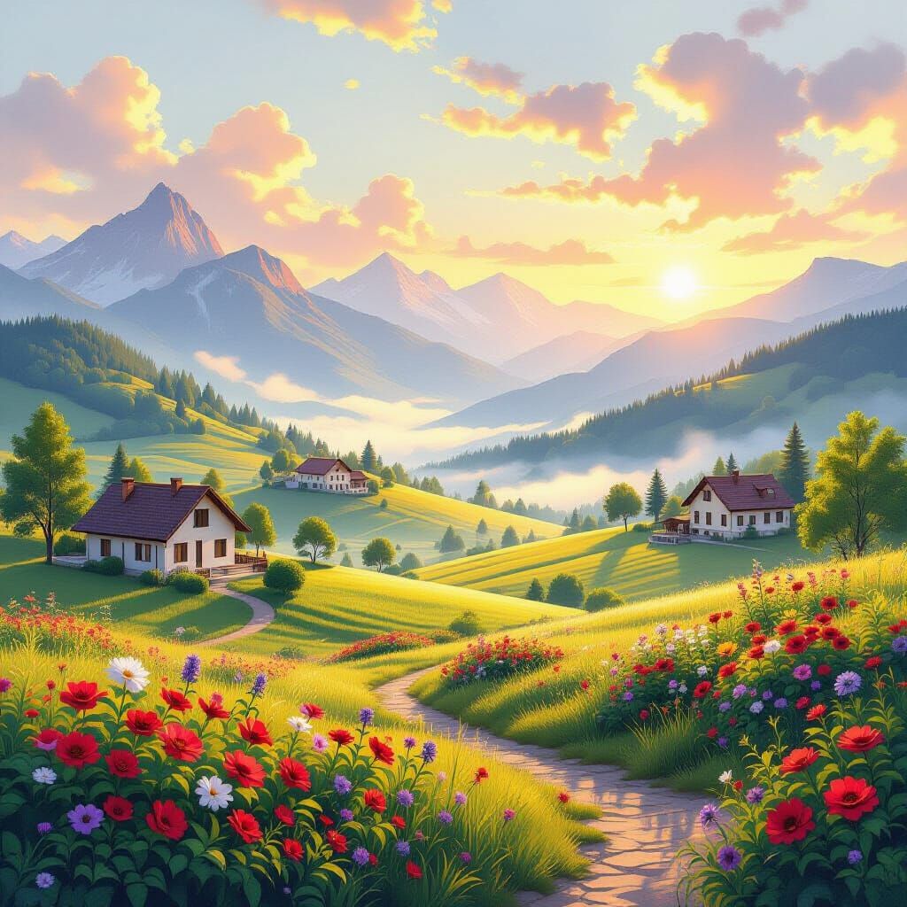 Golden Morning Hills with Houses and Flowers