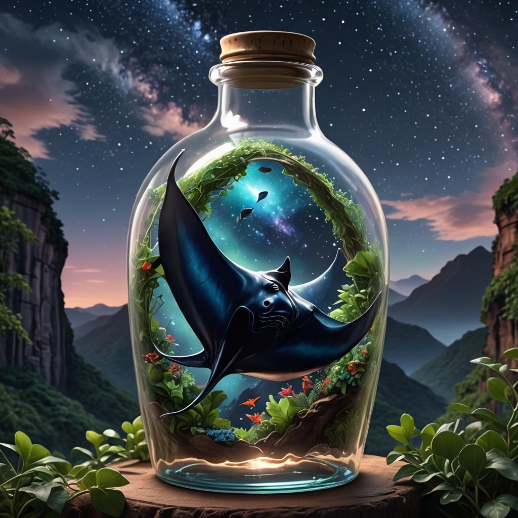 Manta Ray in Bottle Oasis, Hyperrealistic Digital Art