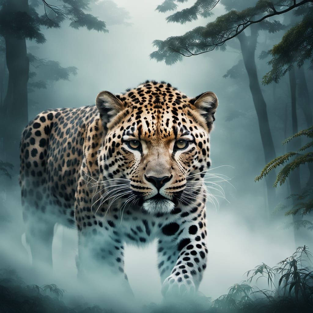 Leopard Double Exposure in Misty Forest