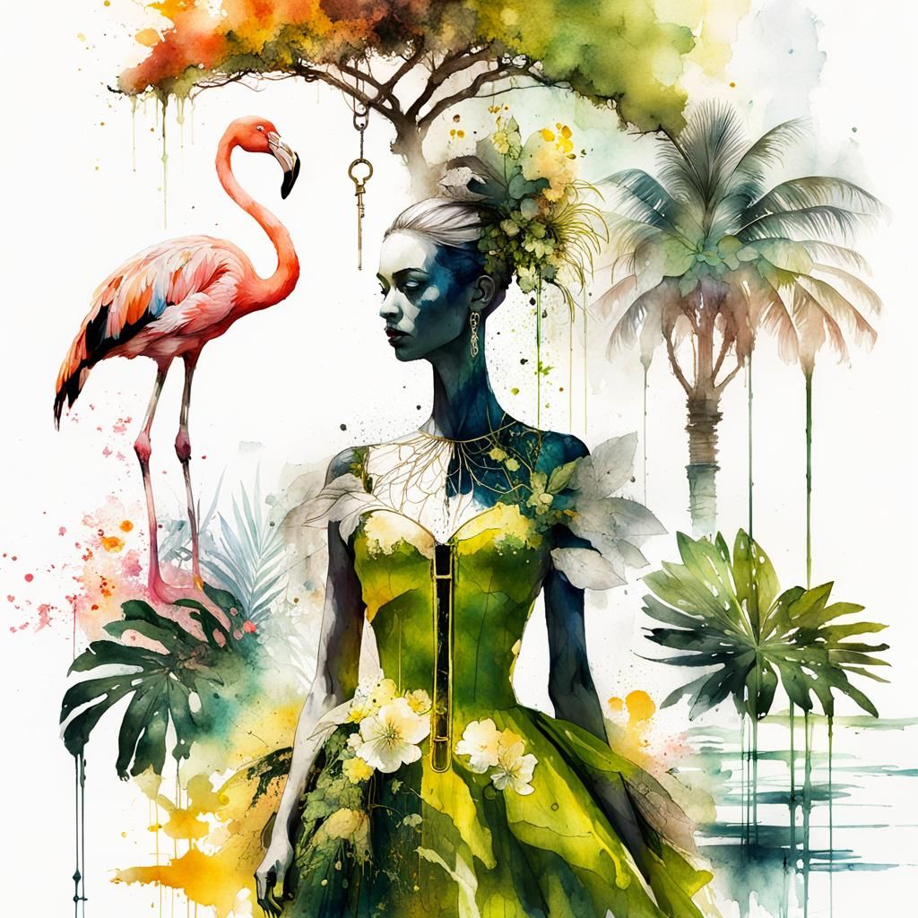 Watercolor Flamingo and Key Lime Tree