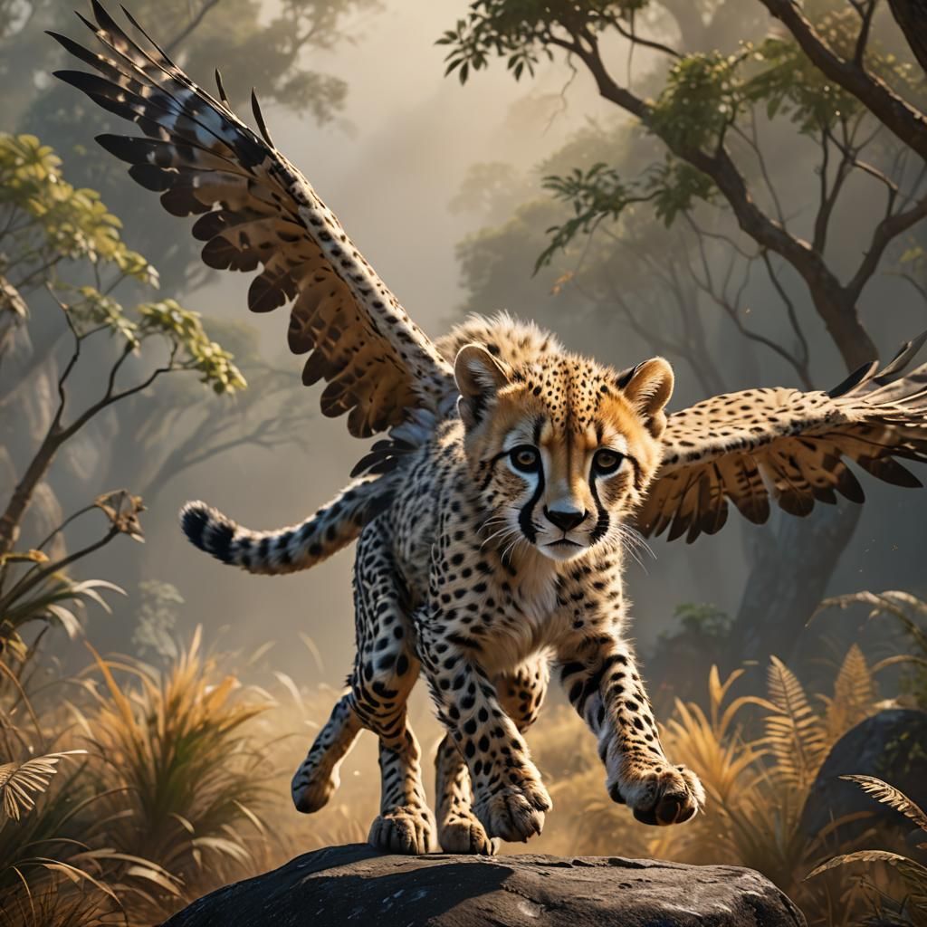 Winged Cheetah Cub Soaring, a Digital Matte Painting