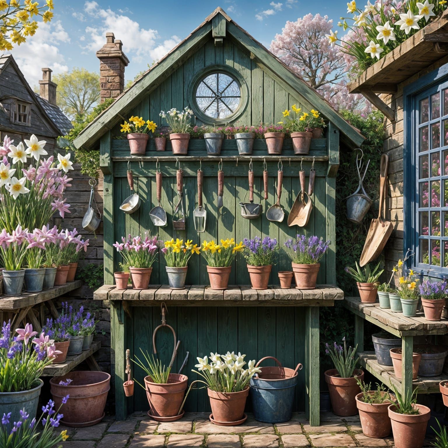 Stunning Ornate Gardener's Shed in Spring Bloom