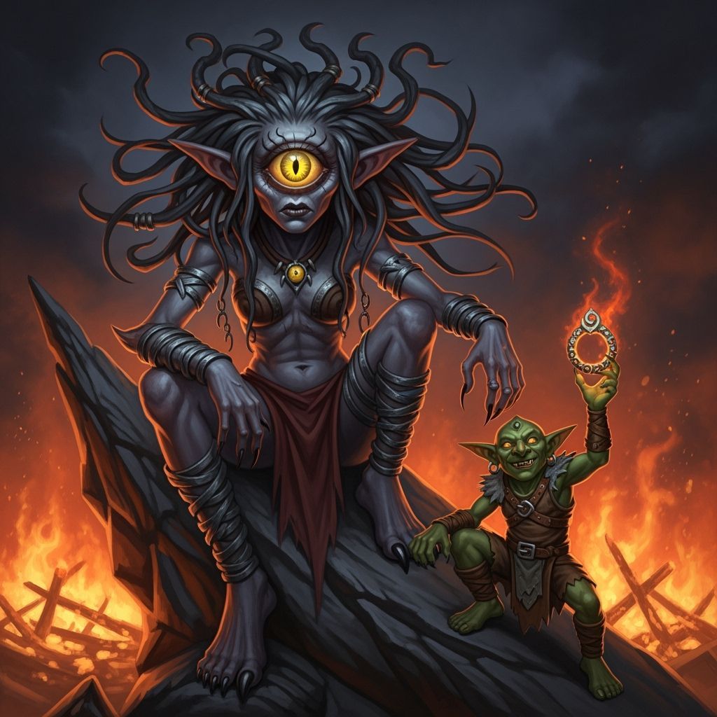 One-Eyed Shadow Gorgon with Goblin in Wildfire