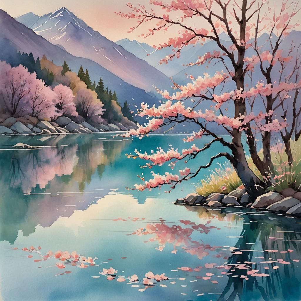 Cherry Blossoms Reflected: Watercolor Painting at Dawn