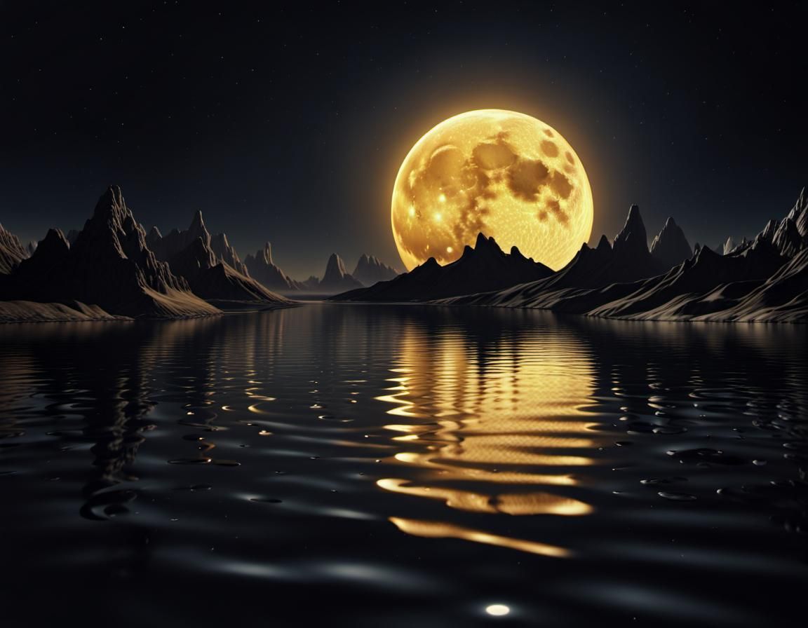 Glowing Golden Moon in Matte Painting Style