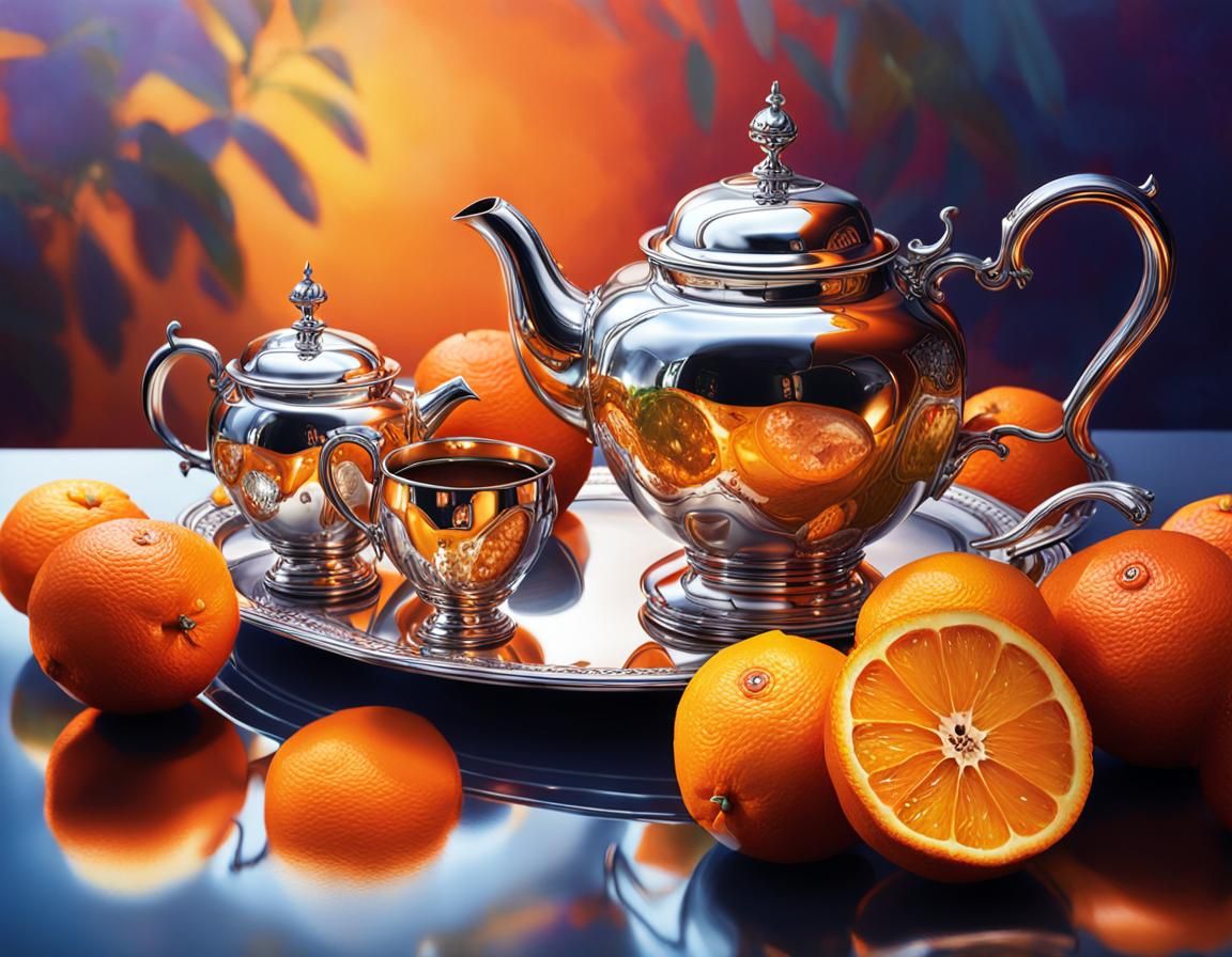 Still life of oranges reflecting in a silver tea set