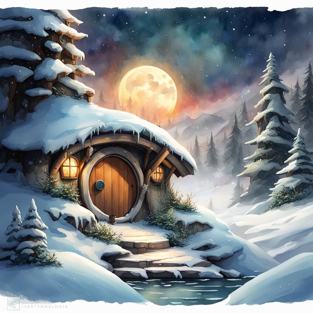 Winter Hobbit Hole Watercolor Painting at Night