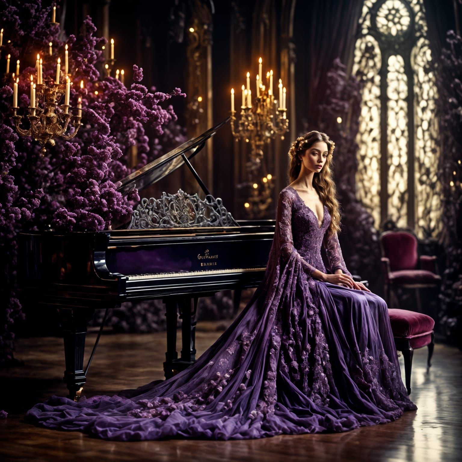 Romantic Princess in Purple Gown at Piano