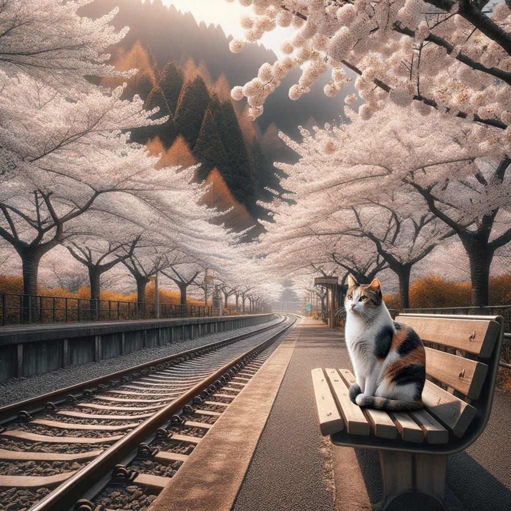 A calico cat at the train station