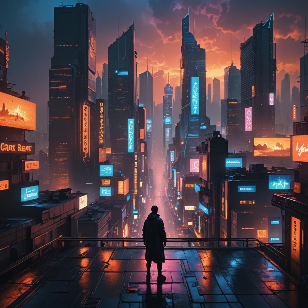 Neon Cityscape with Lone Wanderer in Cyberpunk Style