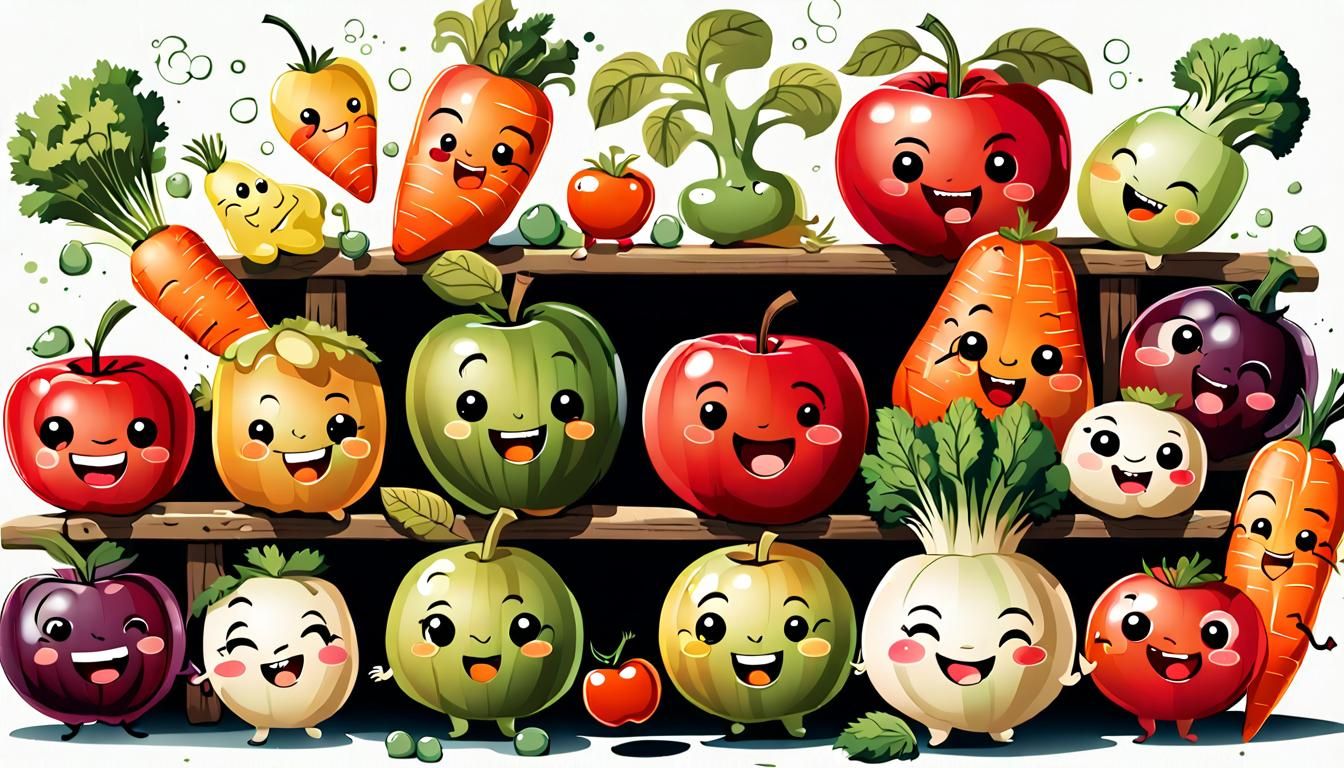 Humorous Chibi Fruits and Vegetables Illustration