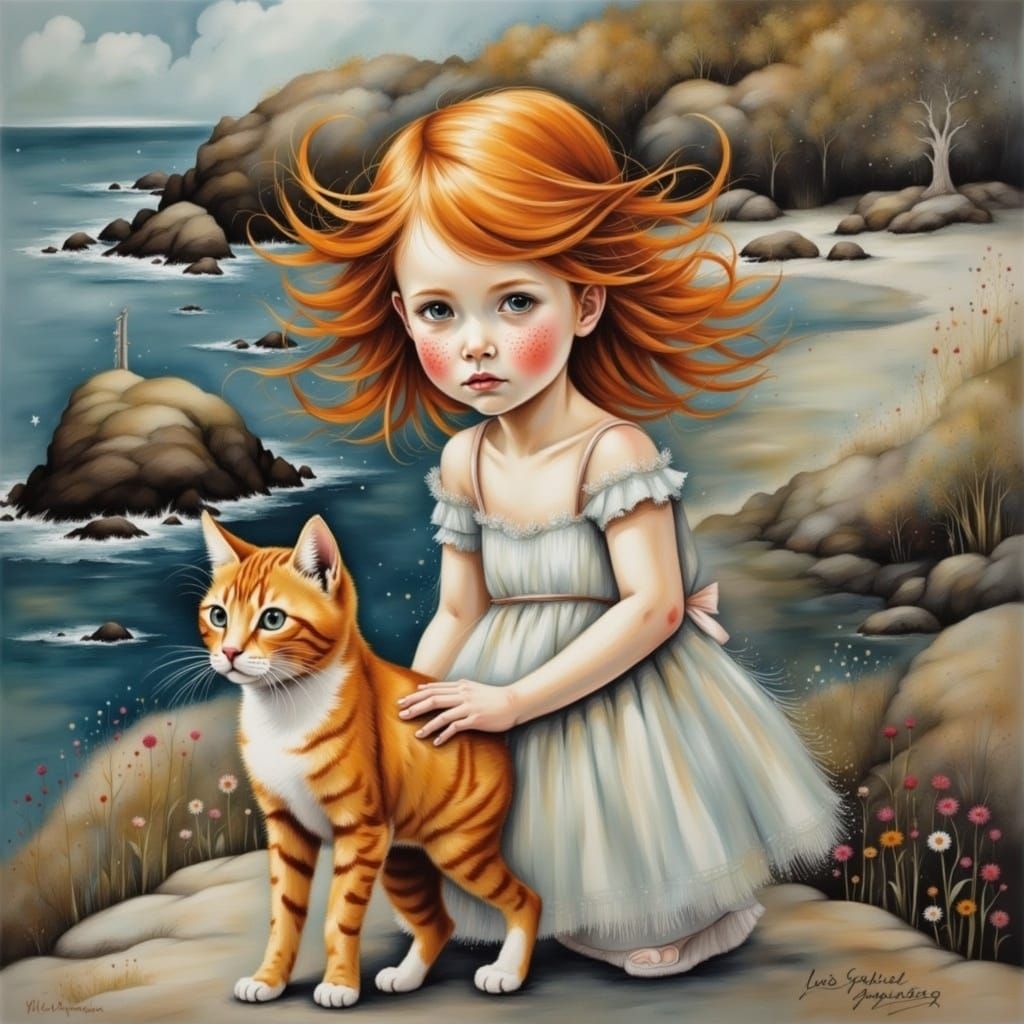 Redhead Toddler and Ginger Cat on Rocky Coast