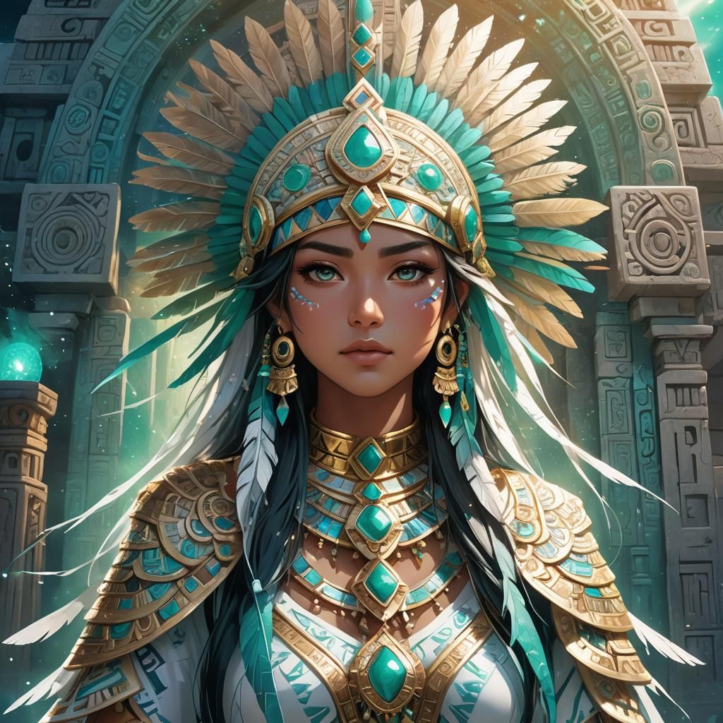 Aztec Waifu in Anime Style with Jade Jewelry