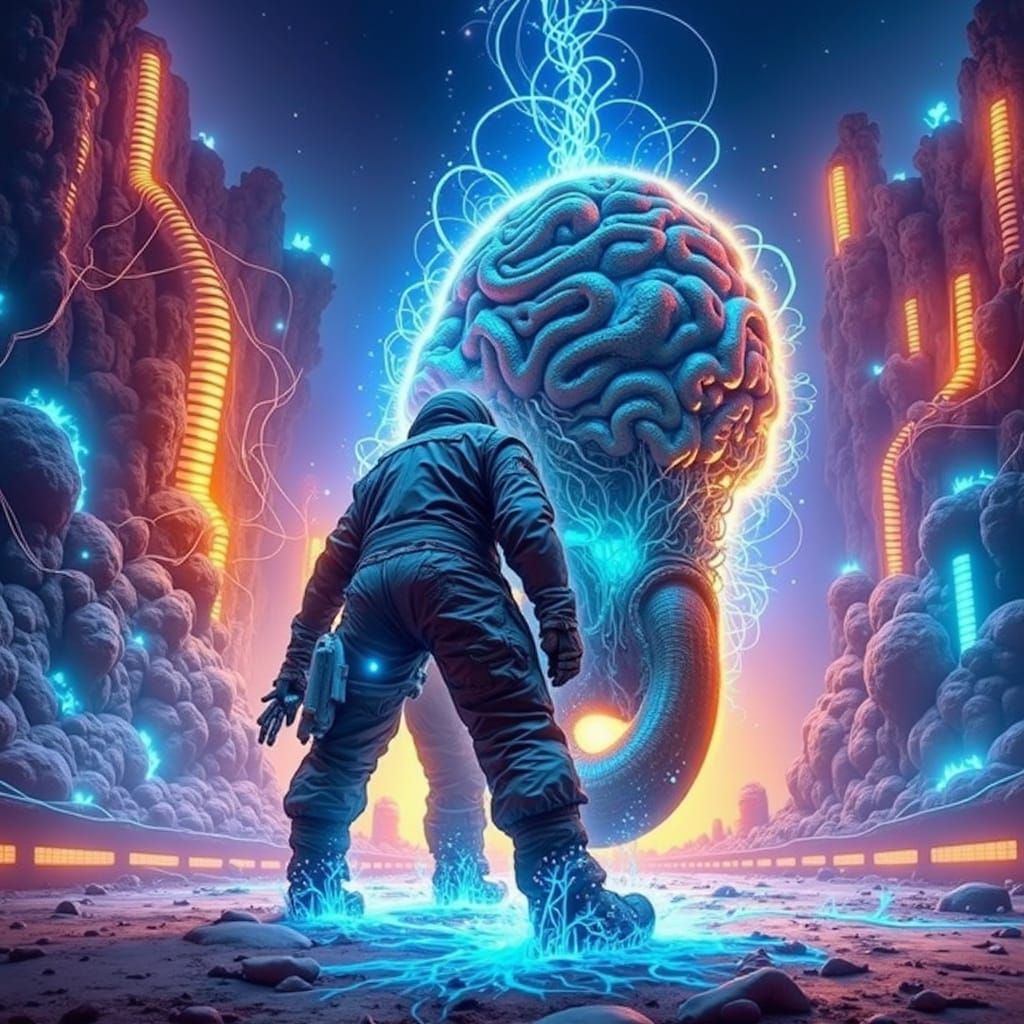 Explorer Confronts Bioluminescent Brain in Alien Biome