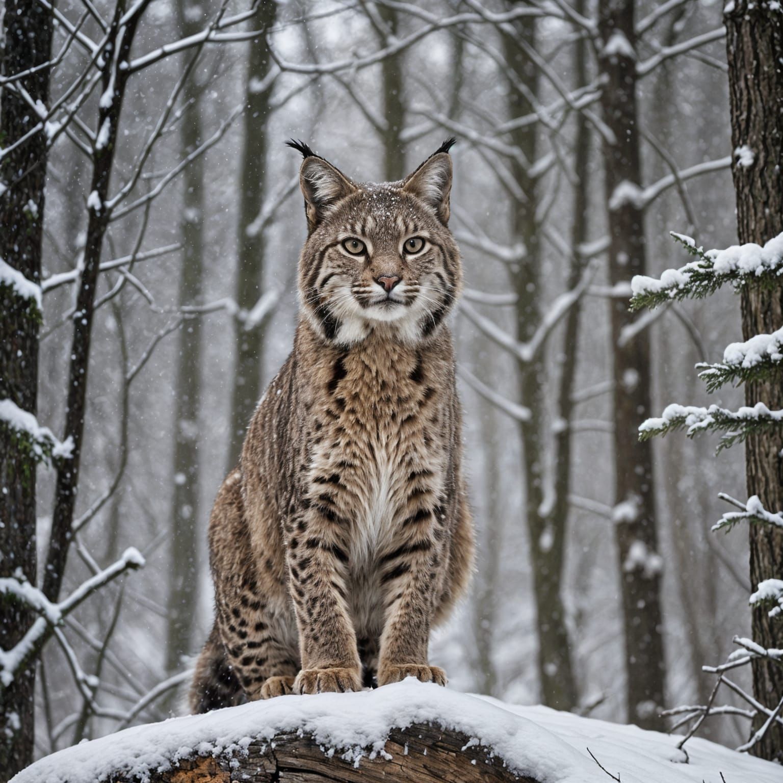 Bobcat in Snowy Forest Hunting