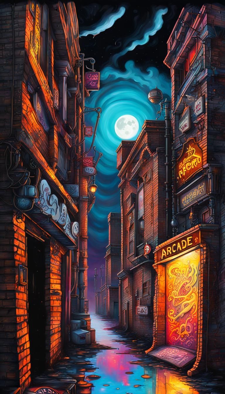 Steampunk Alley Lit by Neon Arcade Sign