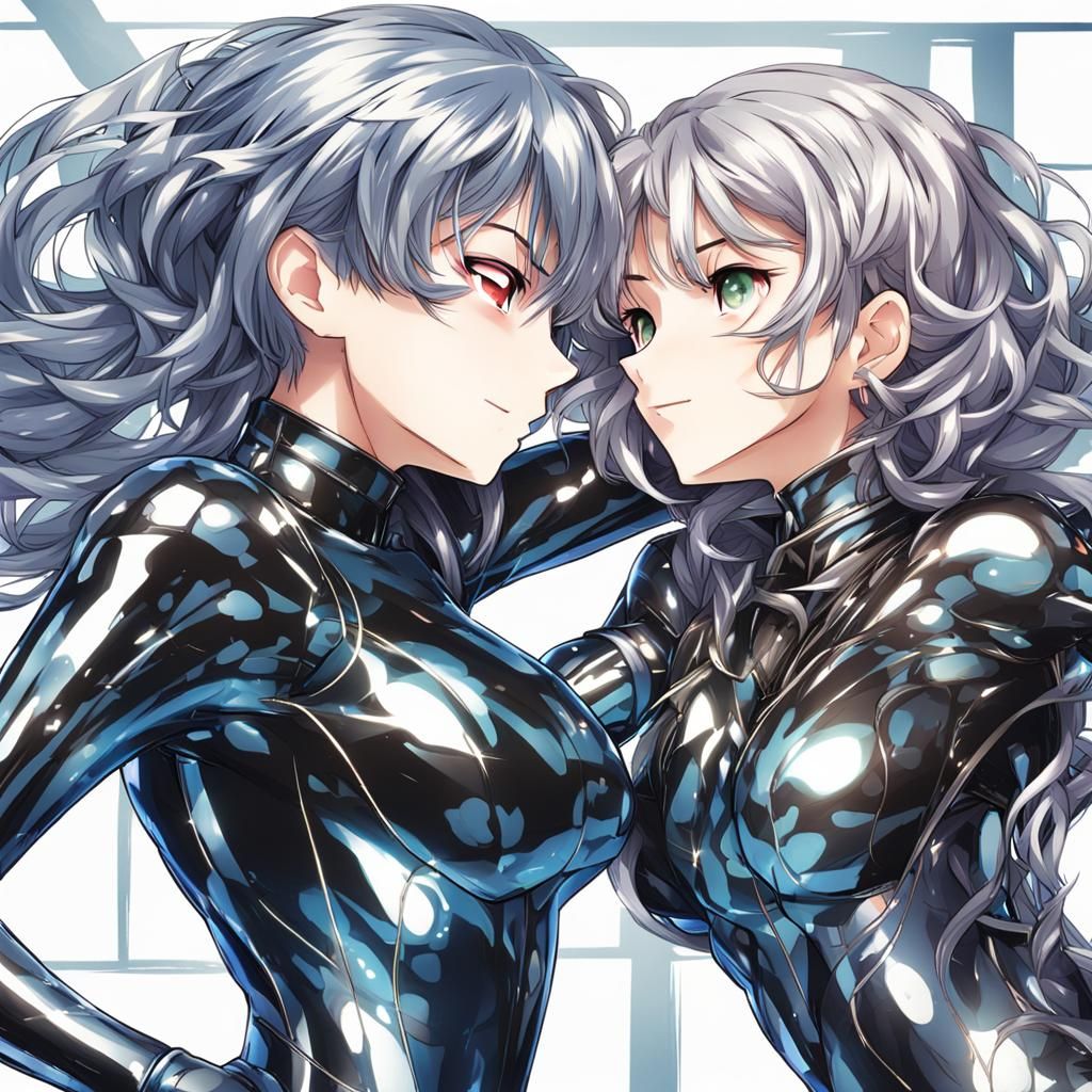 Metallic Haired Women Kissing in Anime Style