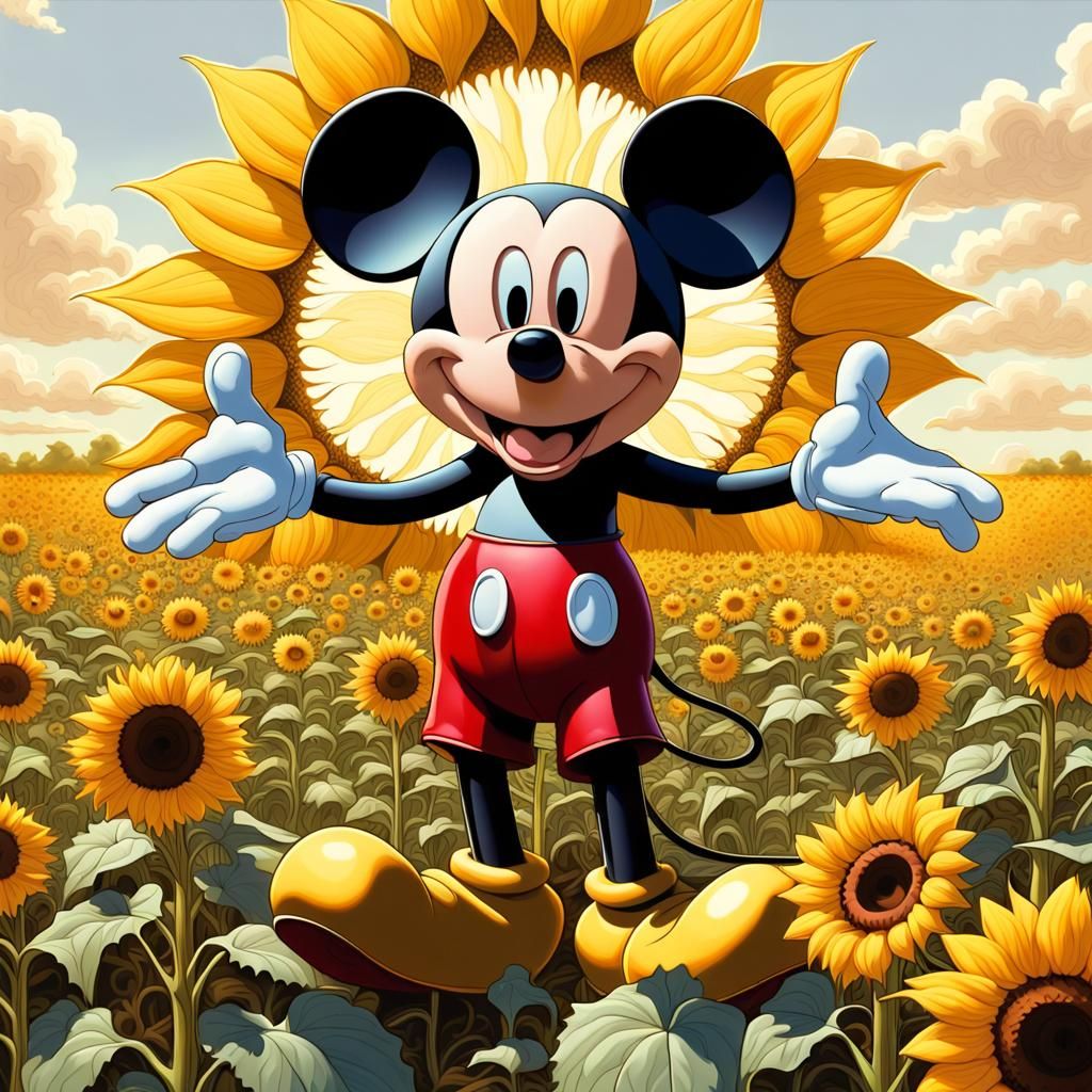 mickey mouse in a sunflower field