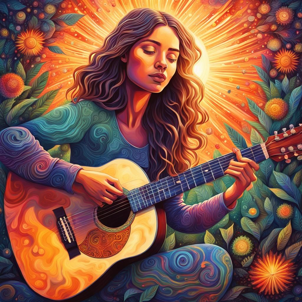 Psychedelic Forest Portrait with Guitar, Astral Illustration