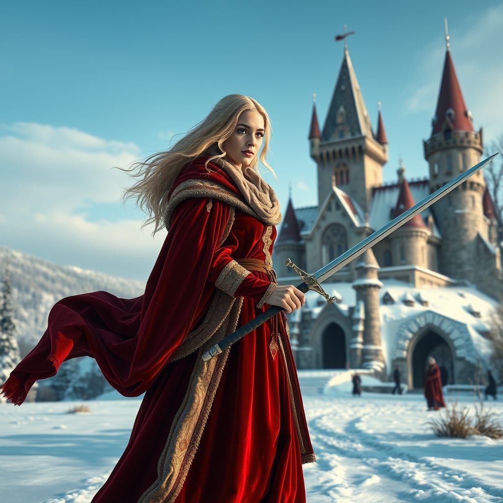 Stunning Blonde Queen with Sword in Winter Landscape