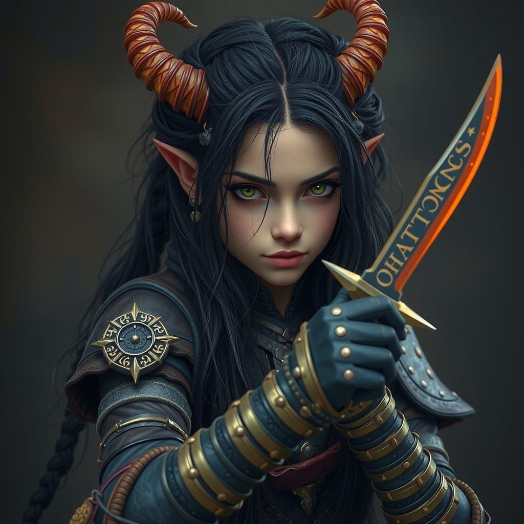 Dark Fantasy Warrior Maiden with Oni Horns and Wolf Ears