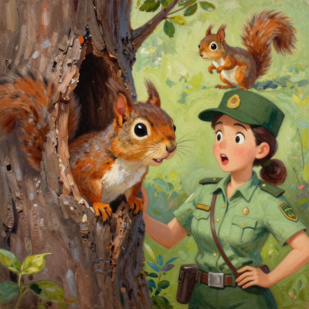 Squirrel Cartoon Portrait in Tree Hollow with Ranger