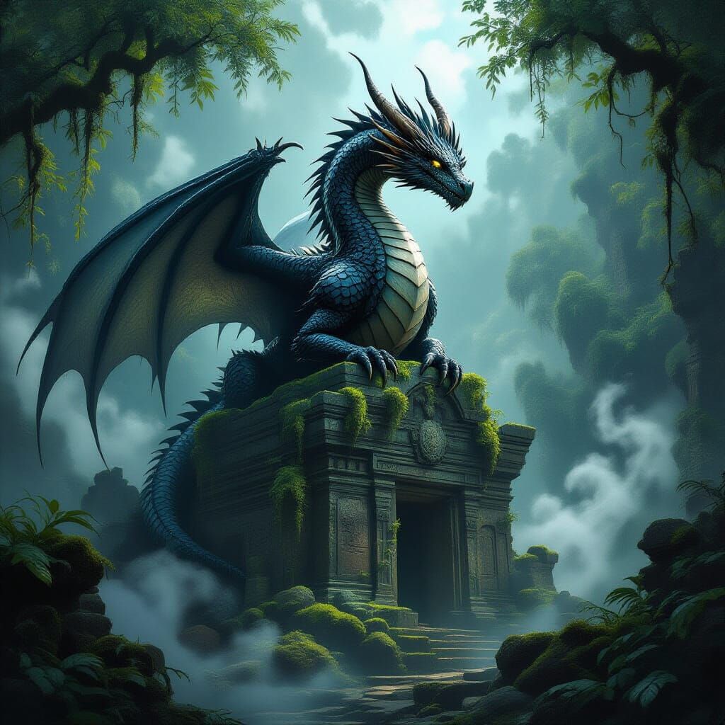 Ancient Obsidian Dragon on Ruined Temple in Bioluminescent J...