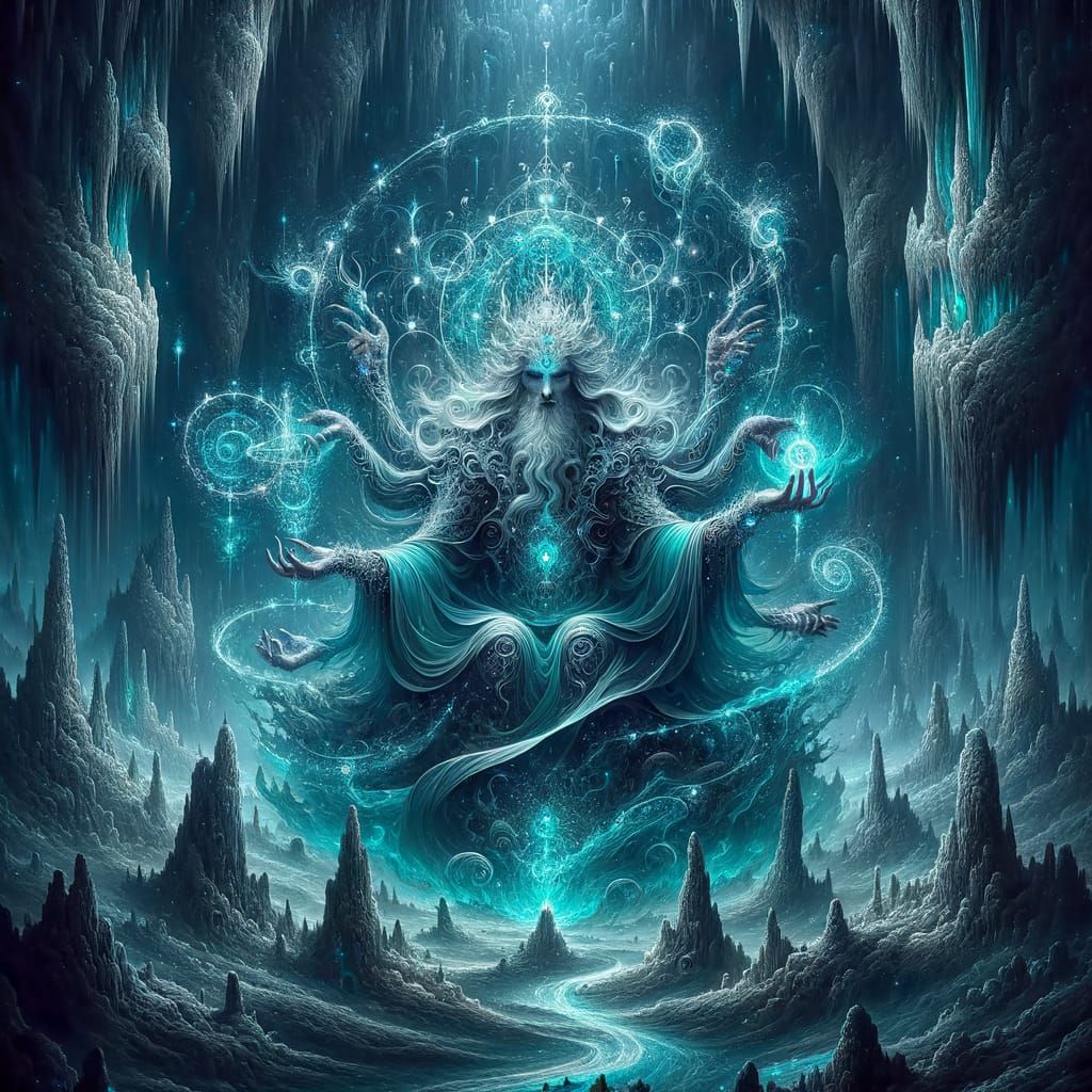 Deity Conducting Ritual in Ethereal Underworld Flames