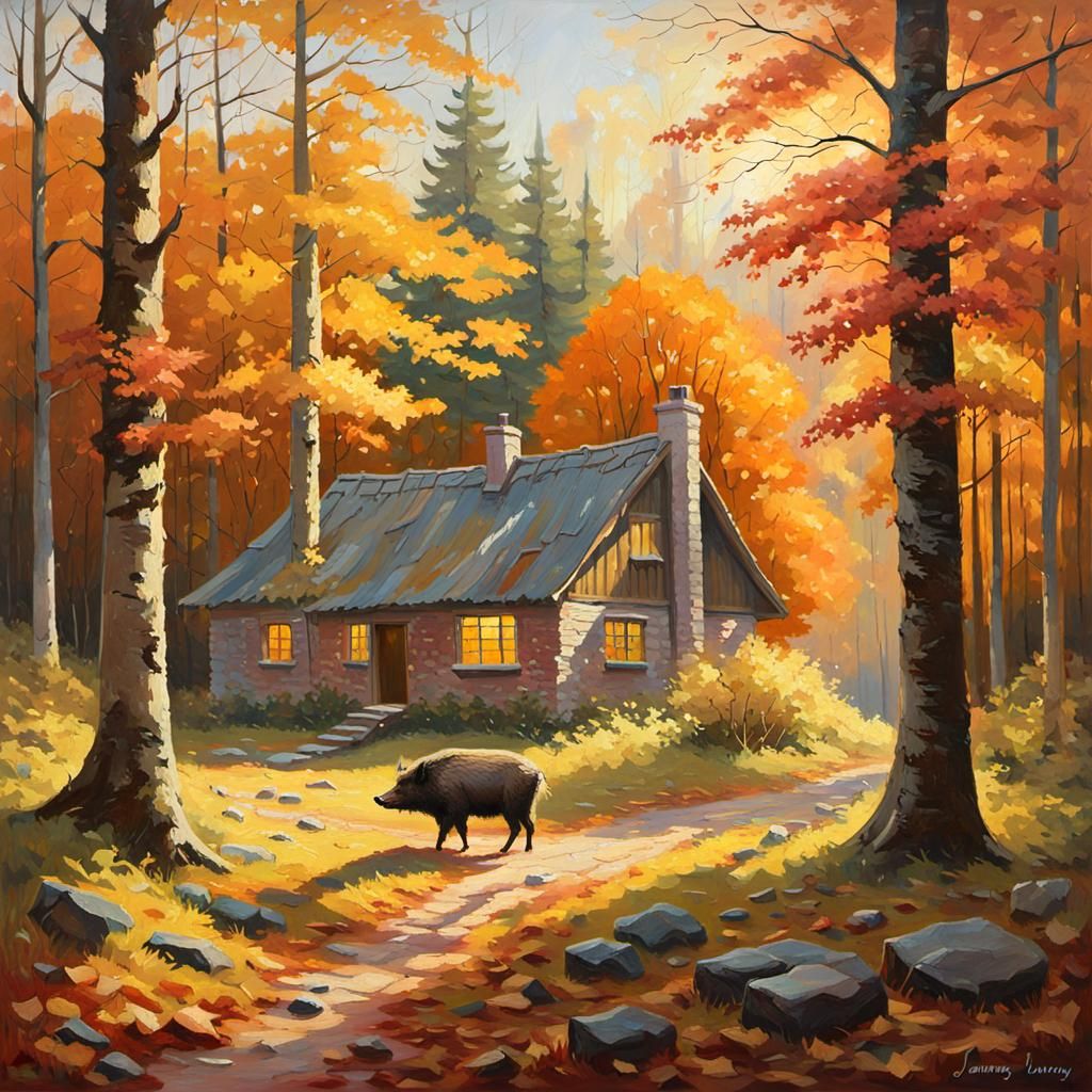 Wild Boar in Forest Cottage: Impressionist Oil Painting