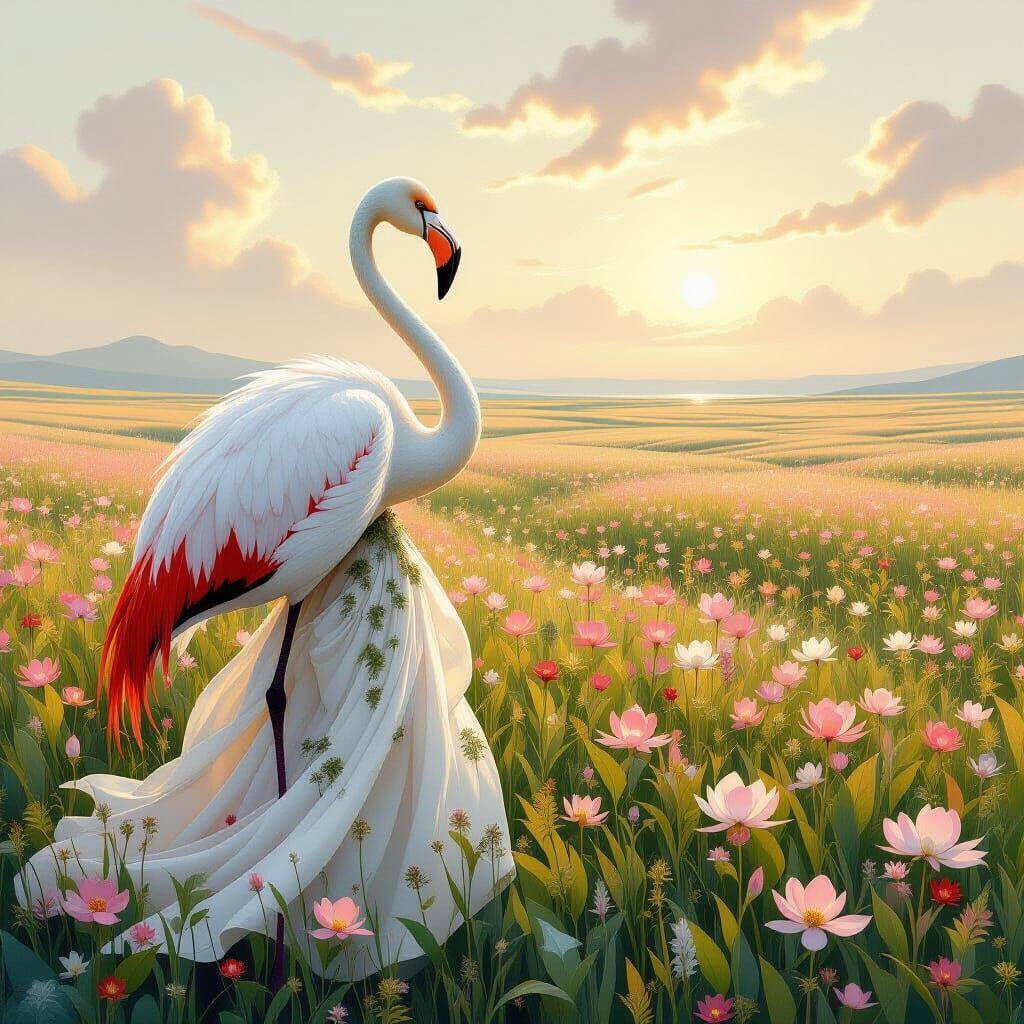 Melancholic Flamingo in Alien Flora, Surreal Art Nouveau