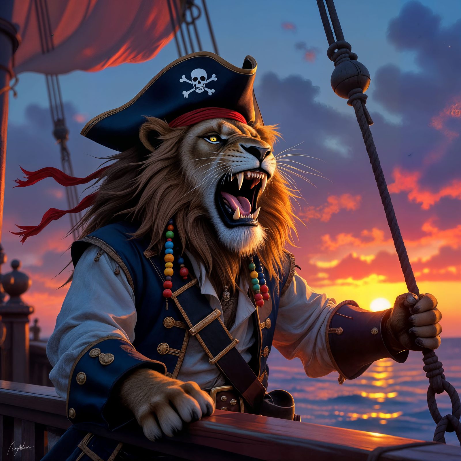 Epic Pirate Lion Roaring at Sunset