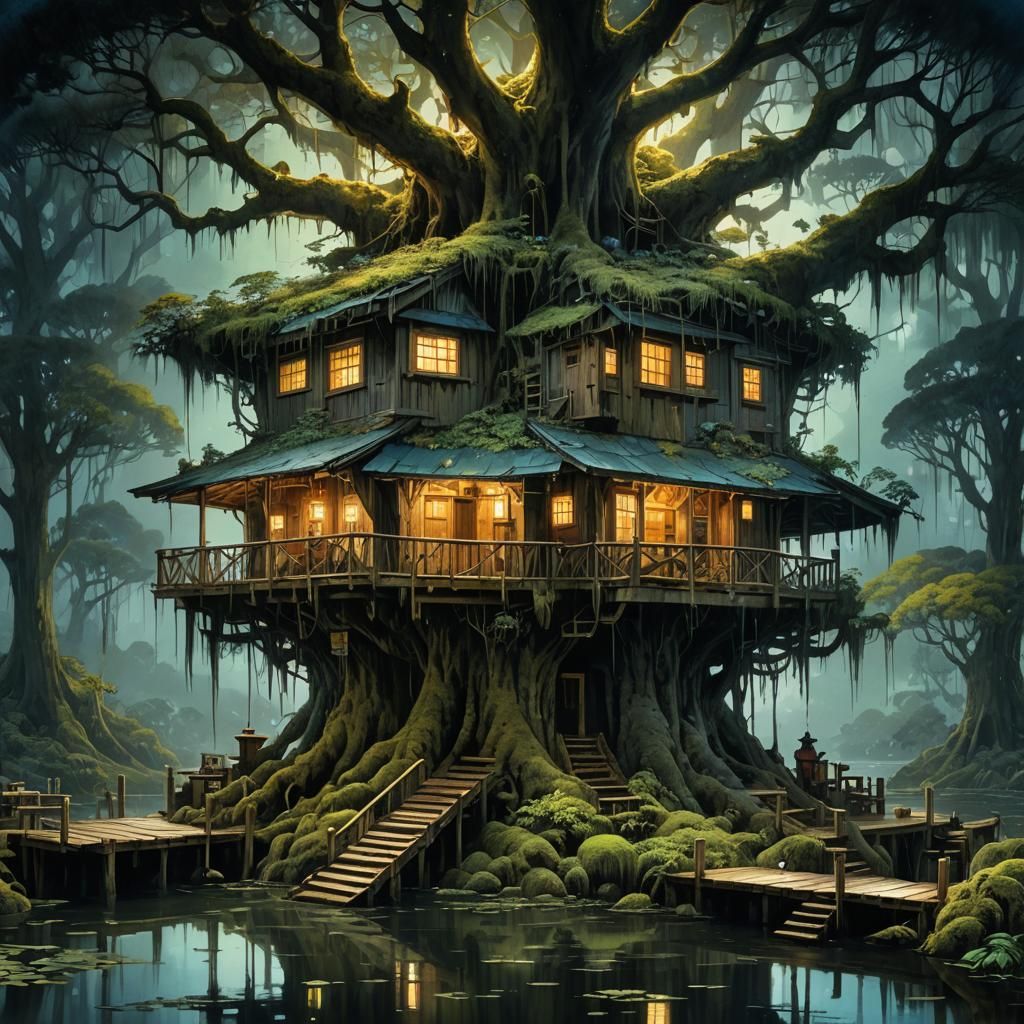 Fantastical Tree Inn in Swamp, Watercolor Painting