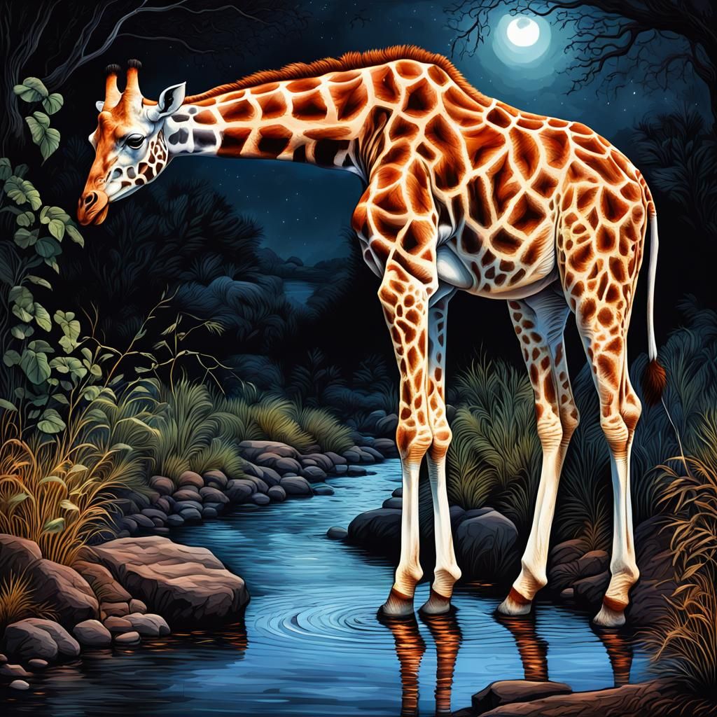 Giraffe Drinking at Twilight: Digital Photorealistic Art